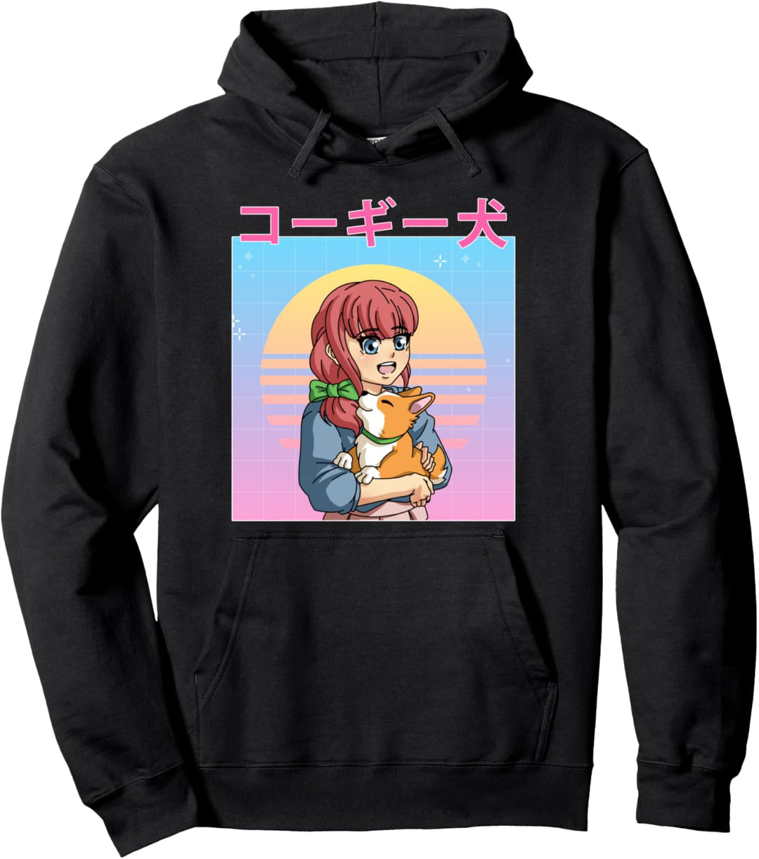 Retro 90er Jahre japanische Anime-Mädchen und Corgi Hund Pullover Hoodie