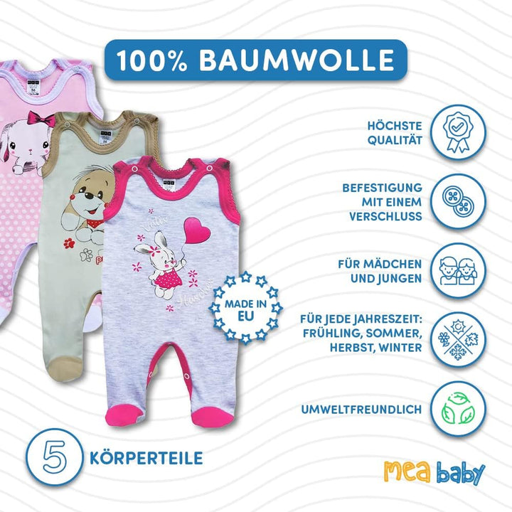 MEA BABY Unisex Baby Strampler mit Aufdruck aus 100% Baumwolle im 5er Pack. Baby Strampler für Mädch