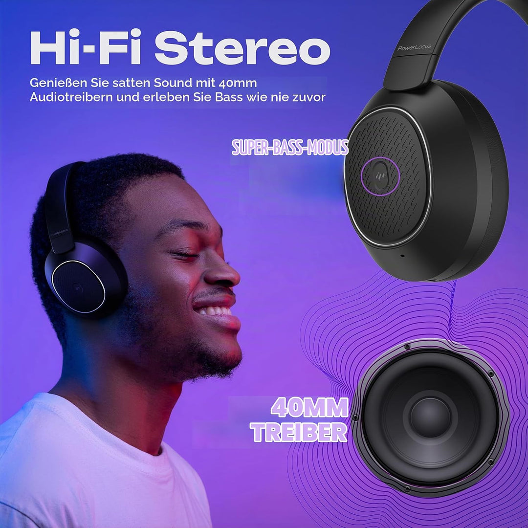 PowerLocus Hybrid Active Noise Cancelling Kopfhörer, 60 Std. Spielzeit Kopfhörer Kabellos, Transpare