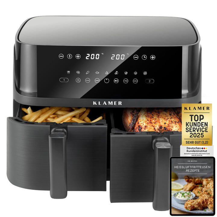 KLAMER Heissluftfritteuse Duo 9 L – Doppelkammer Airfryer mit 2 Körben & Digitaldisplay, 10 Automati