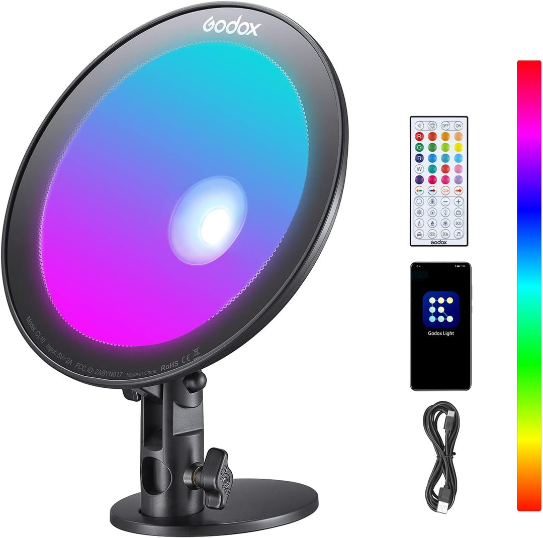 Godox CL10 RGB LED Webcasting Umgebungslicht 10W, Farbton 0-360° und 36000 Farben, 39 Fx-Effekte No