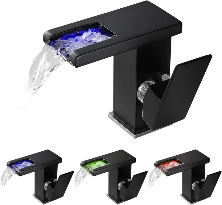 KEOKBON LED Lichter Bad Wasserhahn Schwarz, Farbtemperatur Wasserfall Waschtischarmatur, 3 Farbe Was