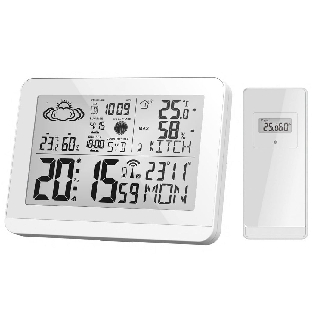 Miraval Moderne Design Funk-Wetterstation mit Aussensensor bennenbar Mondphase Sonnenaufgang Sonnenu