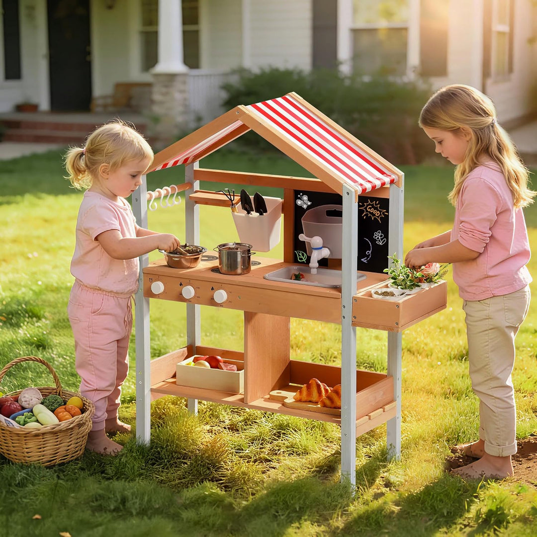 ROBUD Matschküche Outdoor Holz mit Sonnendach, Spielküche Kinder Matschküche im Freien mit Pflanzkas
