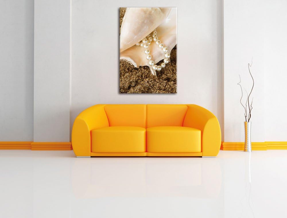 Pixxprint Muschel mit Perle Sand Strand / 100x70cm Leinwandbild bespannt auf Holzrahmen/Wandbild Kun