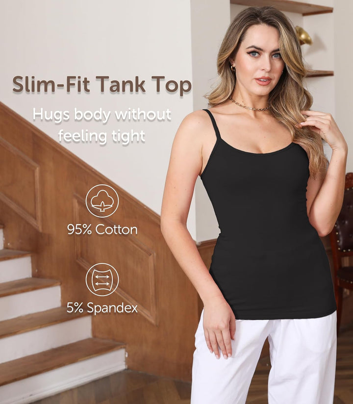 Comfneat Damen 4-Pack Spaghetti Tops Slim-Fit Verstellbare Träger Camisole Baumwolle Elasthan Unterh
