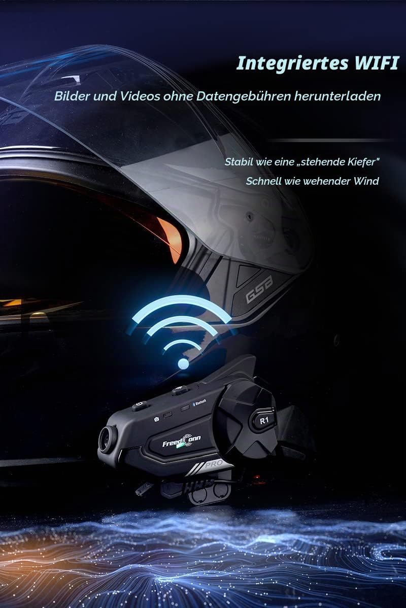 FreedConn Motorrad Helm Bluetooth Headset mit Kamera, R1 Pro 6-Wege 1000M Gegensprechanlage,Motorrad