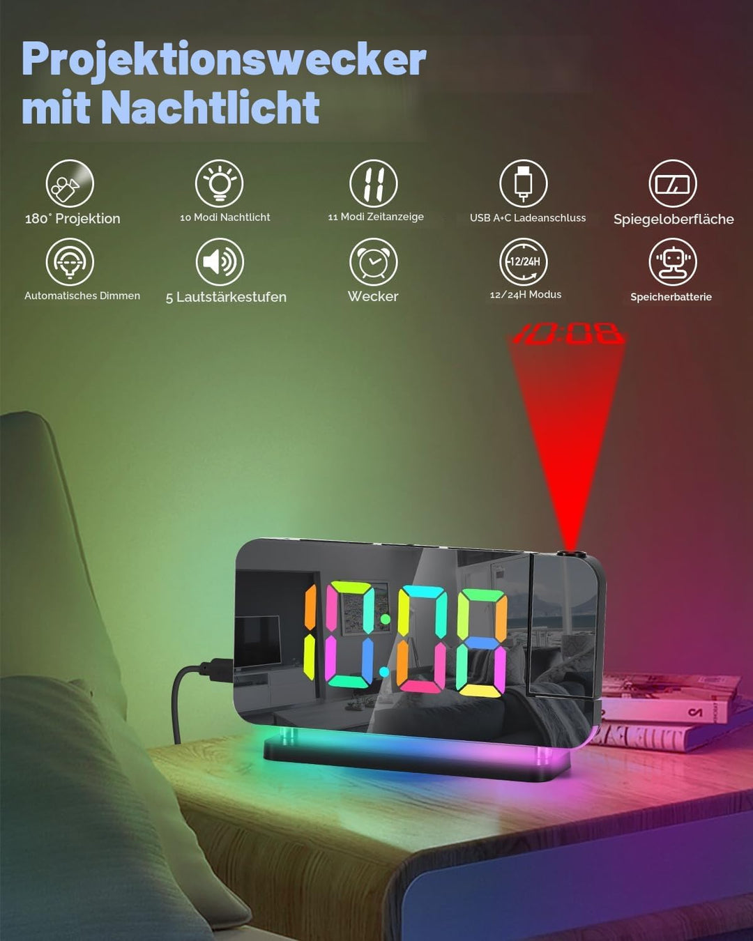SZELAM Projektionswecker, 7.4 Zoll Digitale Spiegeluhren, mit 180° drehbarem Projektor, RGB-Nachtlic