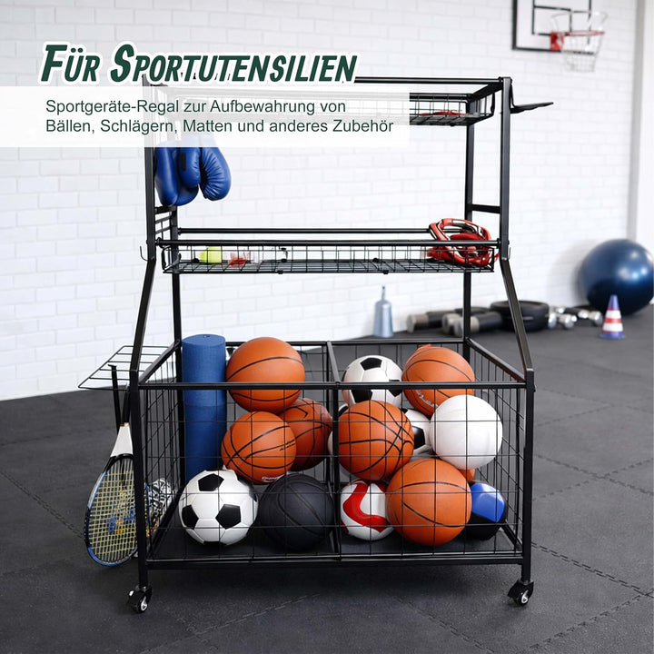 Relaxdays Sportgeräte Aufbewahrung, HBT: 116 x 91,5 x 43 cm, 4 Rollen, mit Bremse, Metall, Ballwagen