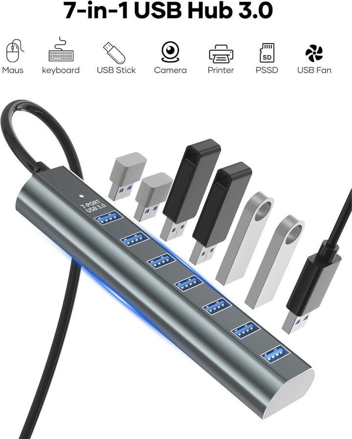 7-Port USB 3.0 Hub Verteiler mit 120cm Kabel für Desktop, 5Gbps USB Mehrfachstecker Splitter mit 5V