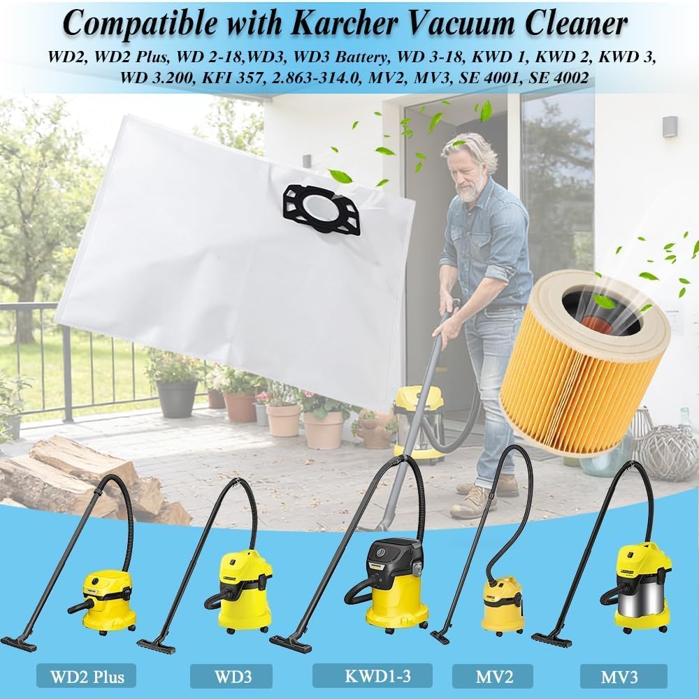 10 Stück Staubsaugerbeutel für Kärcher WD3 WD2 WD 2 plus SE4002 SE4001 KWD1 KWD2 KWD3, Beutel + Filt