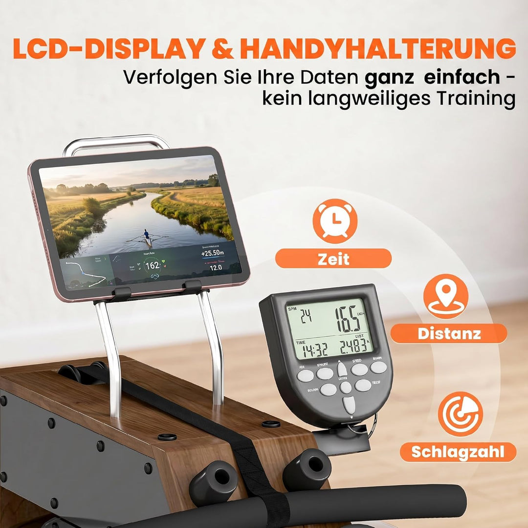 SPORTNOW Wasser Rudergerät für Zuhause aus Gummiholz Klappbar Rudermaschine mit Bluetooth APP Doppel