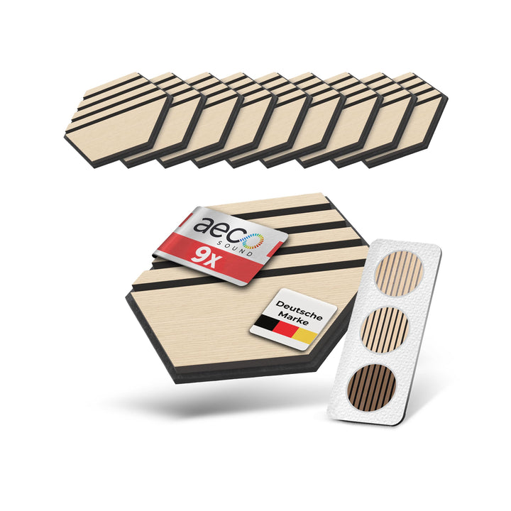 Akustikpaneele Holz selbstklebend – 9er-Set | Echtholz Eiche & Akustikfilz Schwarz | Hexagon 30x26cm