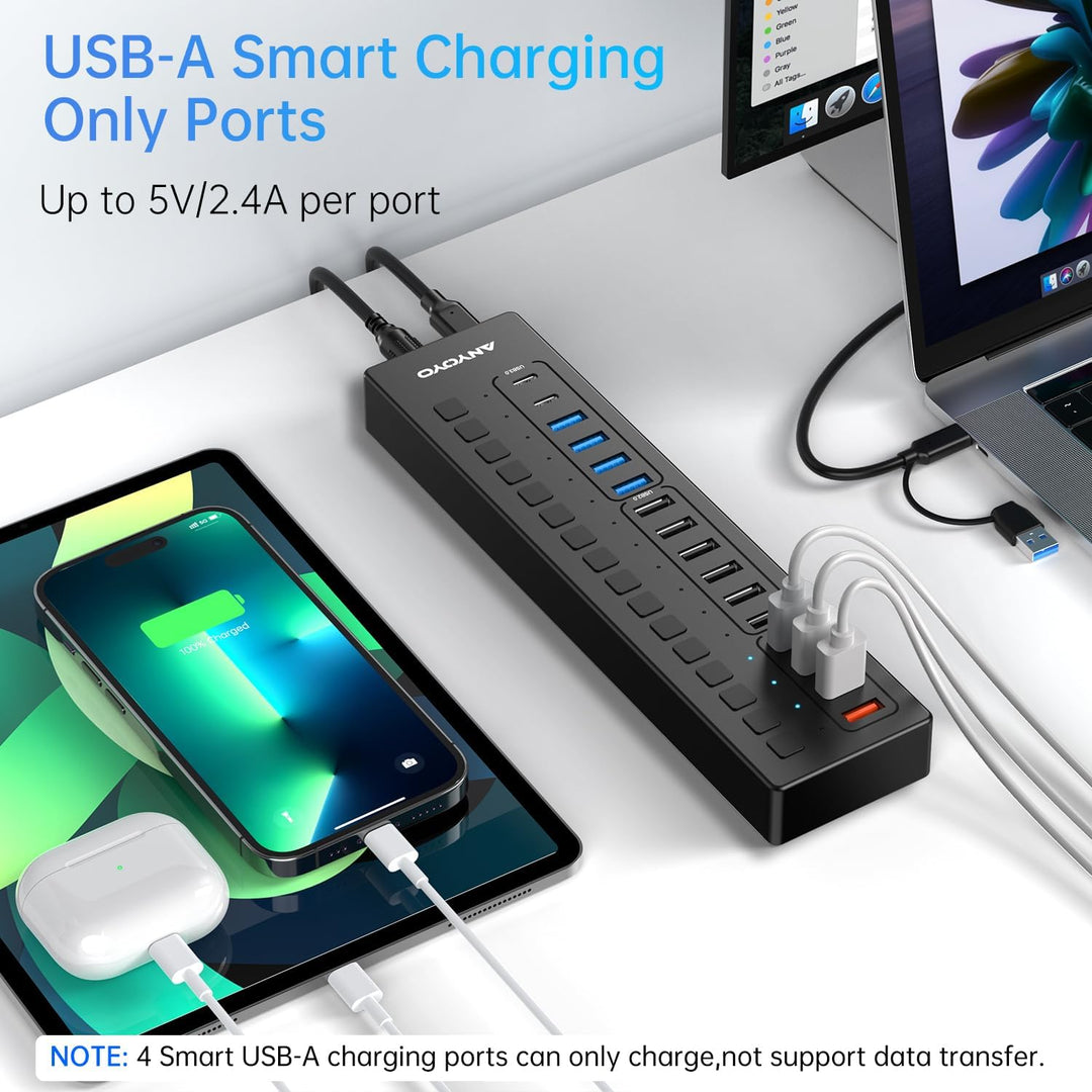USB C Hub Aktiv, ANYOYO 16 In 1 USB 3.0 Hub mit Netzteil(60W) Powered USB Hub mit 4 Ladeanschluss，US