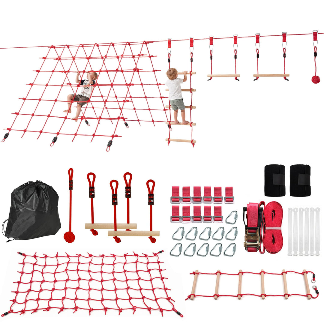 AIYAPLAY Ninja Line Kinder 10m Slackline Set mit Slackline, Turnringe, Schaukel, Kletterleiter, Klet