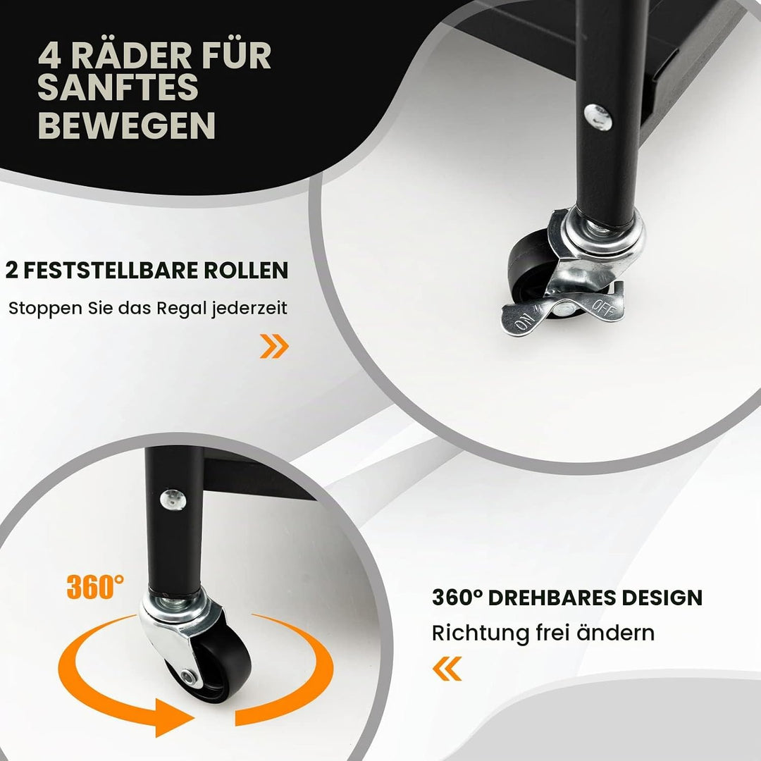 HOMASIS Servierwagen klappbar, Küchenwagen mit 3 Ebenen, Rollwagen mit 4 Rollen inkl. 2 Bremsen, Auf