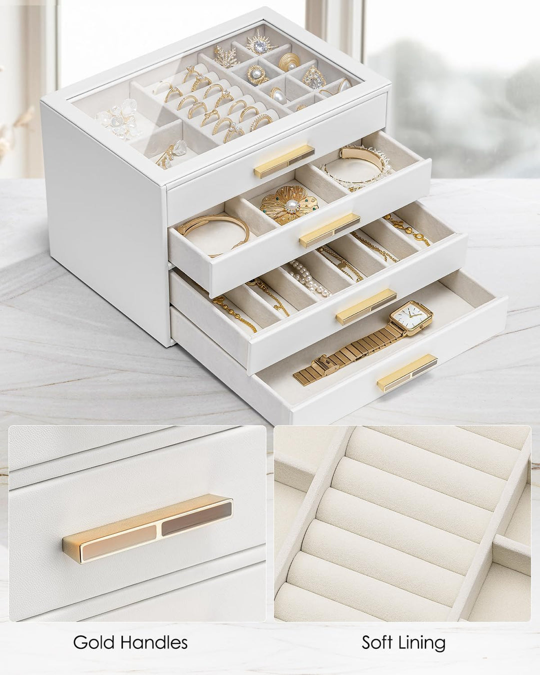 VLANDO Schmuckkästchen Gross, Schmuckkasten mit 4 Ebenen, Schmuck Organizer mit Glasdeckel, 4 Schubl