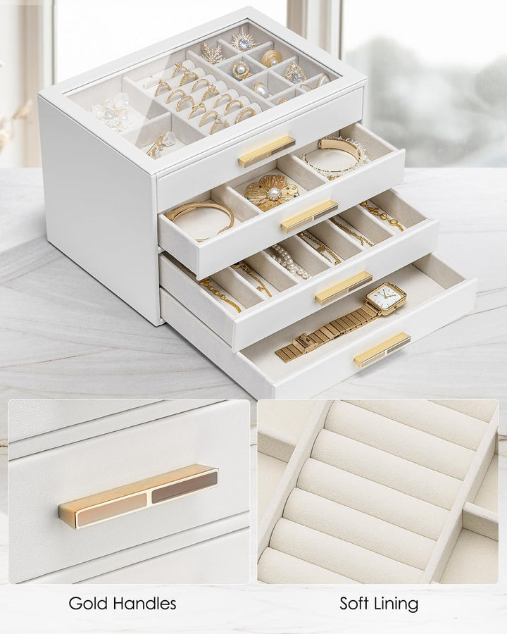 VLANDO Schmuckkästchen Gross, Schmuckkasten mit 4 Ebenen, Schmuck Organizer mit Glasdeckel, 4 Schubl