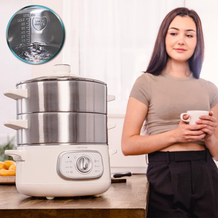 Cecotec Elektrischer Dampfgarer Vapovita Steelpot Weiss. Leistung 1300W, Edelstahlbehälter, 10L, ein