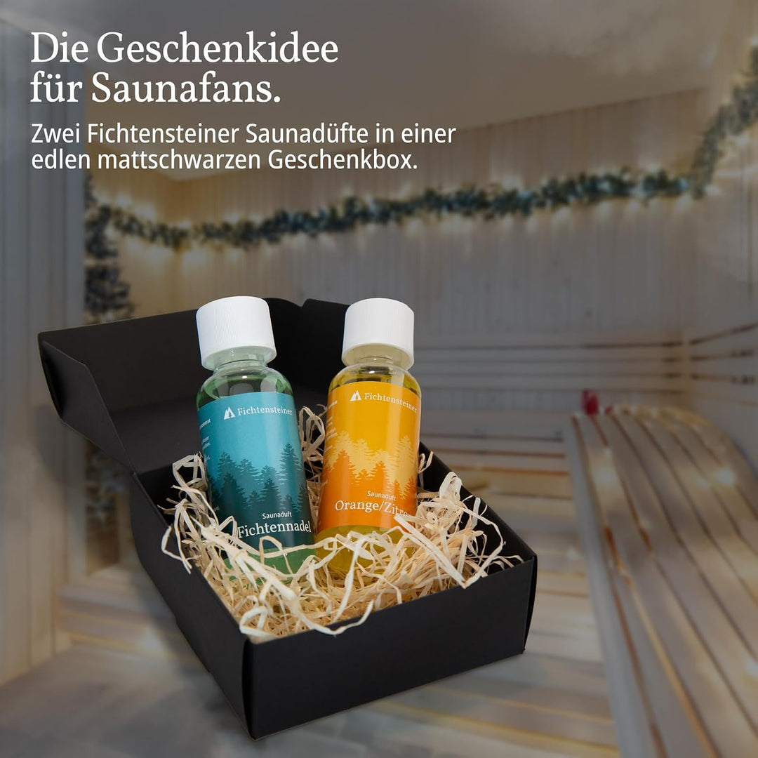 Saunaaufguss Geschenkset Fichtennadel, Orange/Zitrone - 2x 100ml Sauna Aufgussmittel in edler mattsc