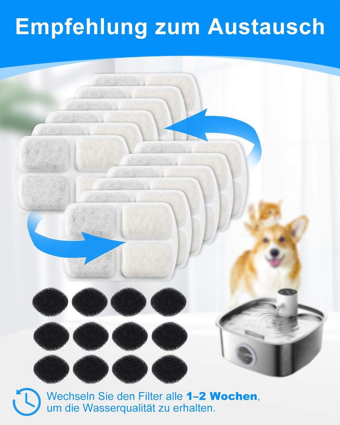 12+12 StückTrinkbrunnen für FEELNEEDY 8L Edelstahl Katzenbrunnen FN-W18, 12 Pack Ersatzfilter Aktivk