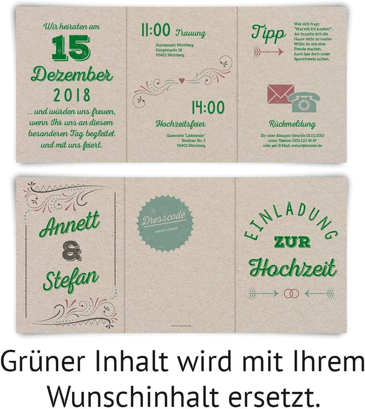 10 x Hochzeitseinladungen individuell mit Ihrem Inhalt als Klappkarte im Wickelfalz - Vintage Letter