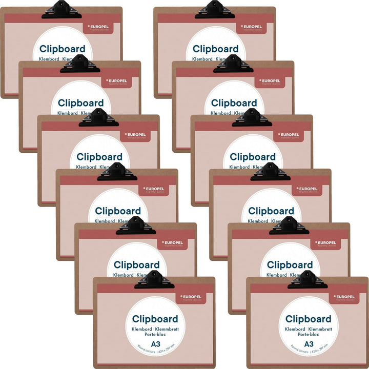 Europel Klemmbrett aus Holz, A3, Querformat, 12 Stück, FSC-zertifiziert, MDF, mit schwarzem Metallcl