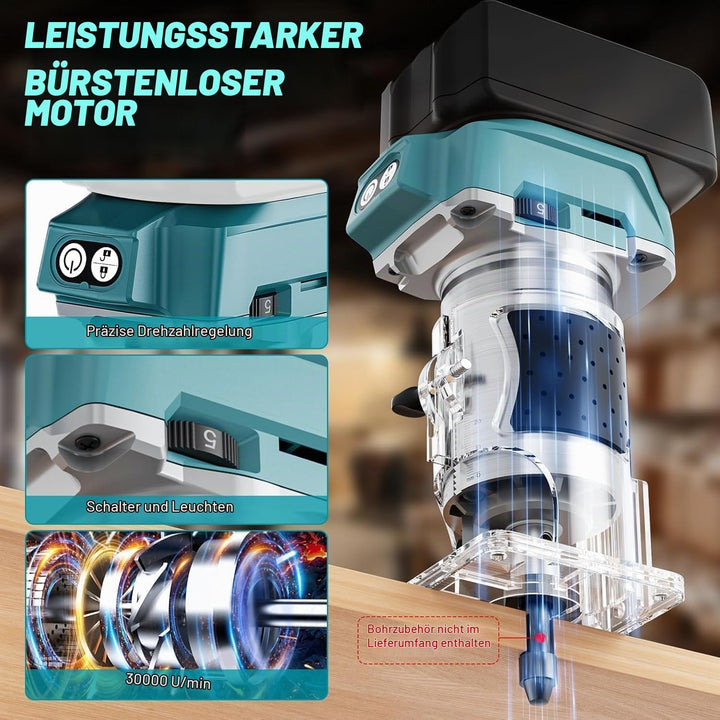 Akku Oberfräse kompatibel mit Makita 18V Akku, bürstenloser Motor,5 Geschwindigkeiten,800W 30000RPM,