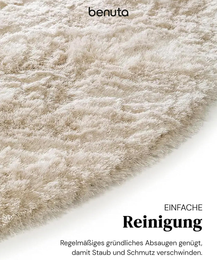 benuta Shaggy Hochflor Teppich Whisper Beige ø 80 cm rund | Langflor Teppich für Schlafzimmer und Wo