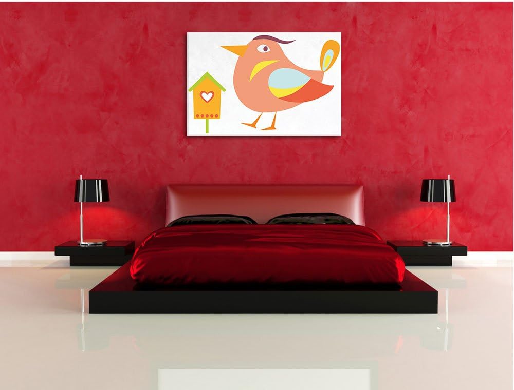 Pixxprint Niedlicher Vogel mit Vogelhäuschen weiss, Format: 100x70 auf Leinwand, riesige Bilder fert