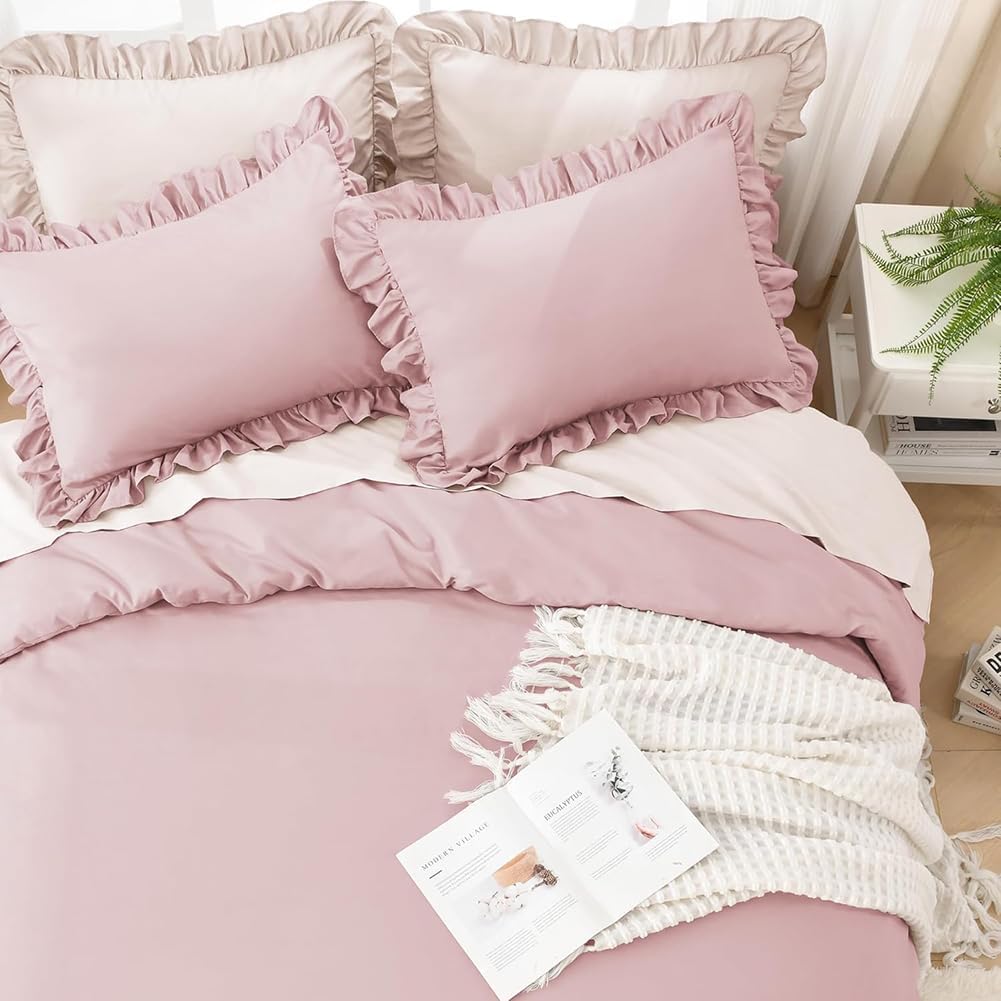 AShanlan Bettwäsche Rüschen 135x200cm Rosa Microfaser Bettbezug Romantisch Bettwäsche Set mit Kopfki