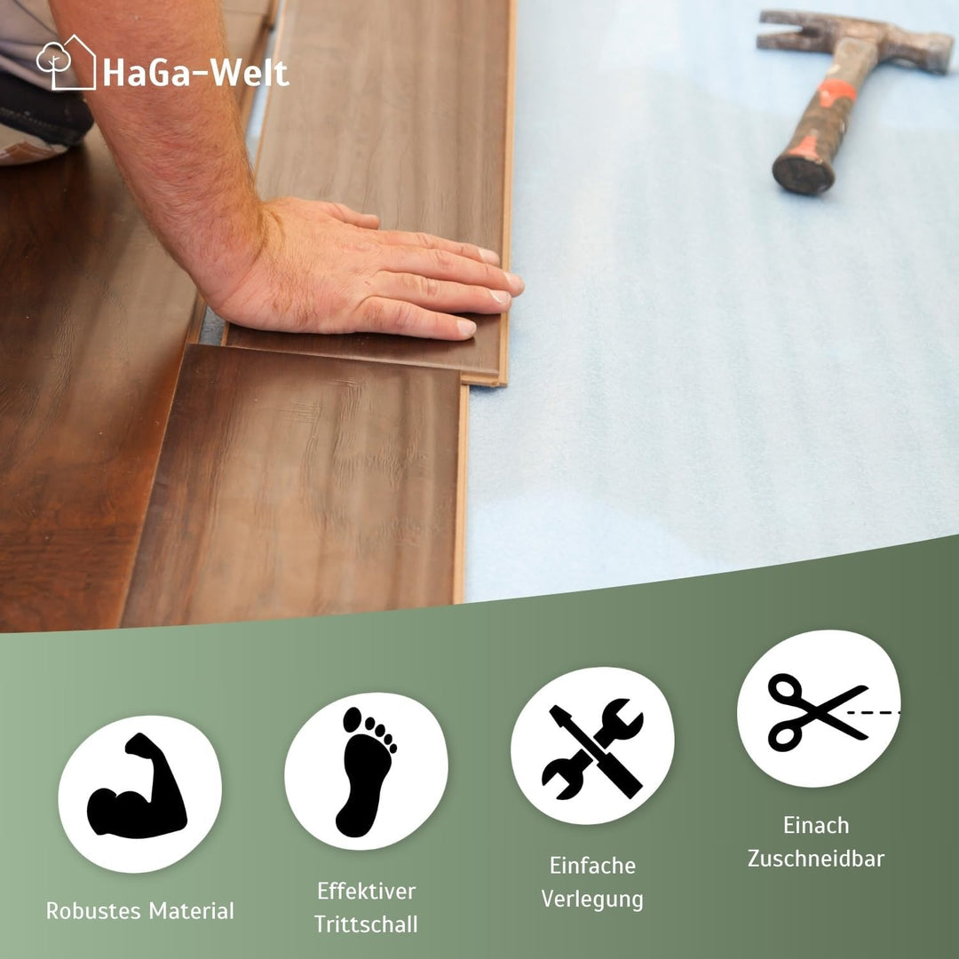 HaGa® Premium Trittschalldämmung 1,25m x 30m x 5mm für Laminat-, Vinyl- und Holzböden | Reduziert Sc