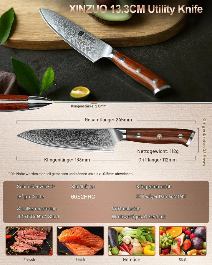 XINZUO Damaststahl Allzweckmesser 13.3cm, Profi Universalmesser Kochmesser Handgeschmiedet Obstmesse