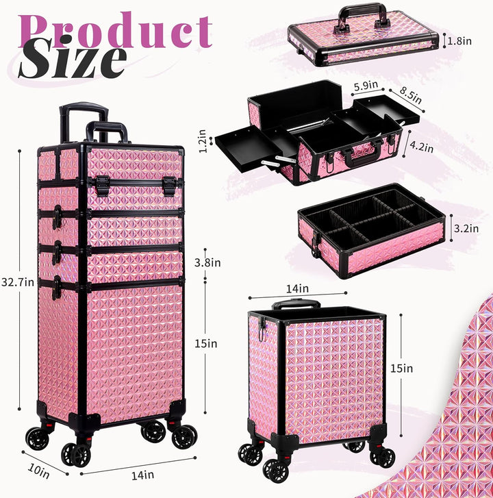 Arous 5-in-1 Profi-Kosmetikkoffer, Aluminium, mit 360° drehbaren Rädern Rosa, Rosa