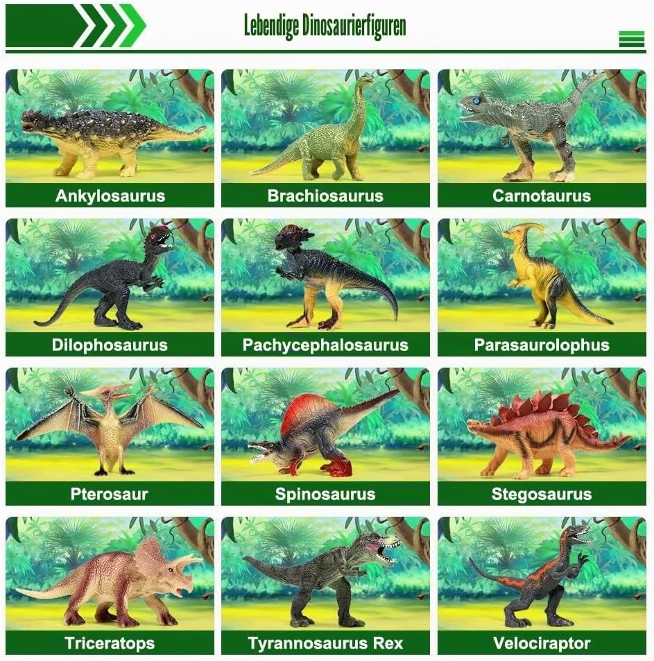 FRUSE Dinosaurier Spielzeug Set, 12 Stück Realistisches Figuren Spielset einschliesslich T-Rex, Carn