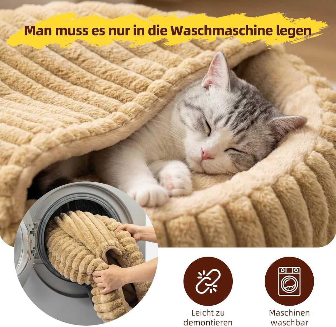 Katzenbett mit Deckel, Waschbare Katzenhöhle mit Kissen, Weiches Katzenhaus 50x50x15 cm (Braun), Bra