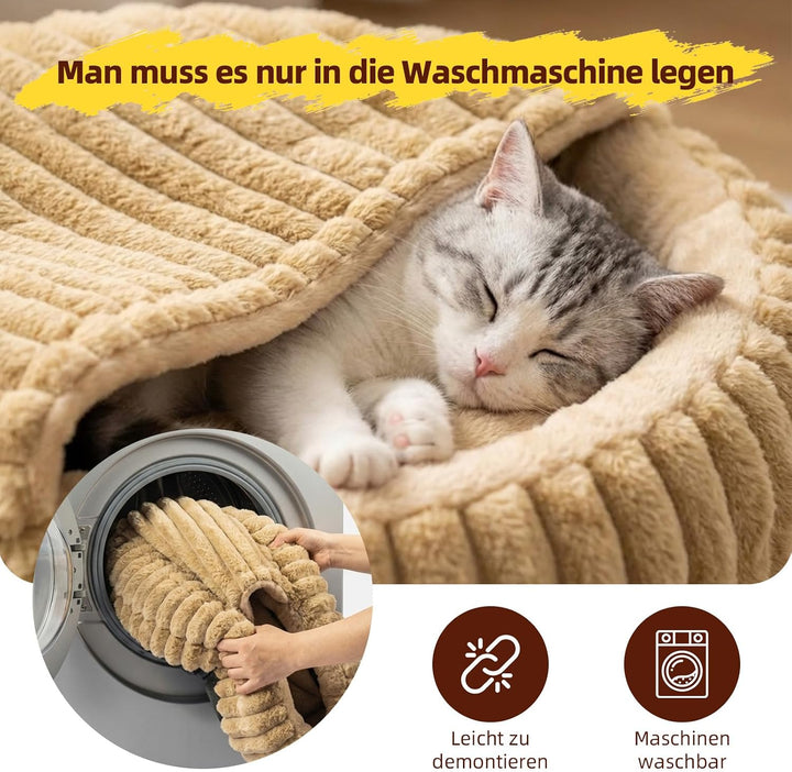 Katzenbett mit Deckel, Waschbare Katzenhöhle mit Kissen, Weiches Katzenhaus 50x50x15 cm (Braun), Bra