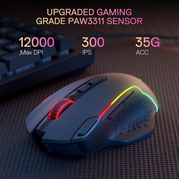 Redragon M810 MAX 3-Modus-Funk-Gaming-Maus, 12000 DPI kabelgebundene/kabellose RGB-Maus mit Schnellf