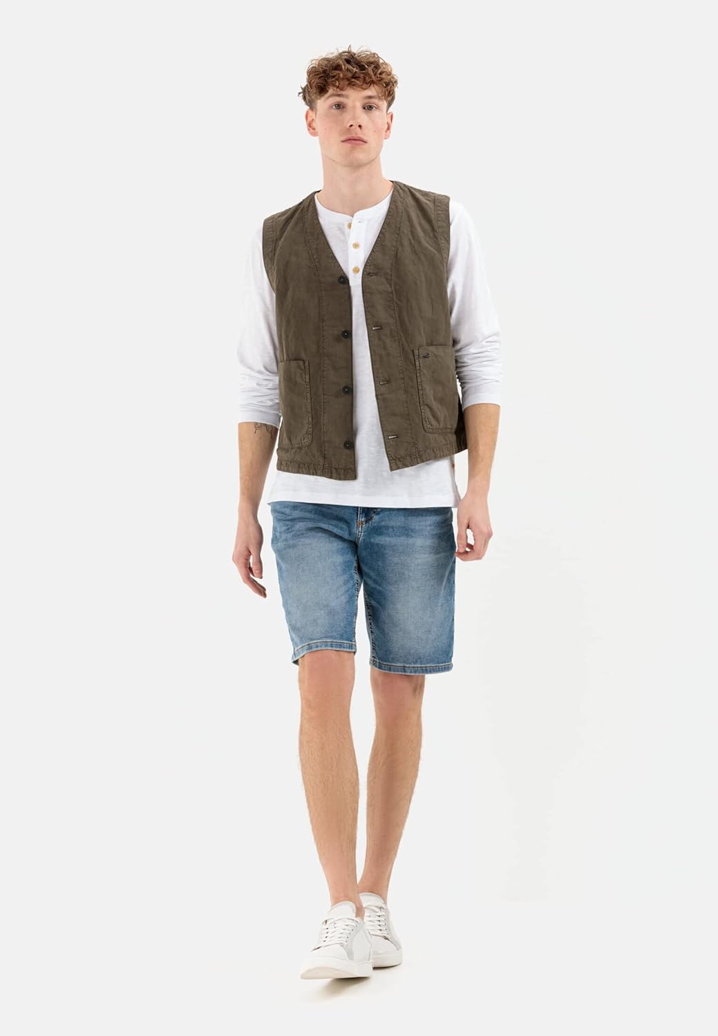 camel active Herren Casual Weste aus einem Baumwoll-Leinenmix 48 Oliv Braun, 48 Oliv Braun