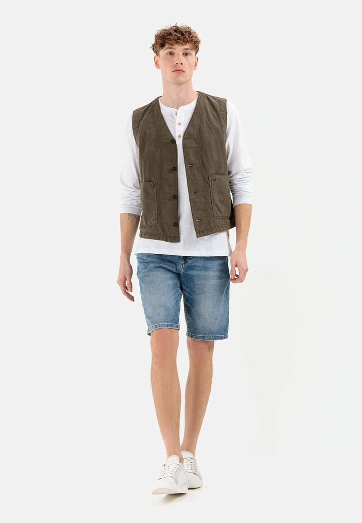 camel active Herren Casual Weste aus einem Baumwoll-Leinenmix 48 Oliv Braun, 48 Oliv Braun