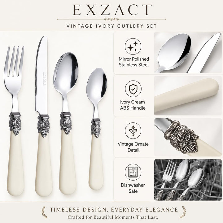 EXZACT Besteck 16 Stück Creme, Edelstahl mit detaillierten Griff, traditionelle, elegante, Vintage S
