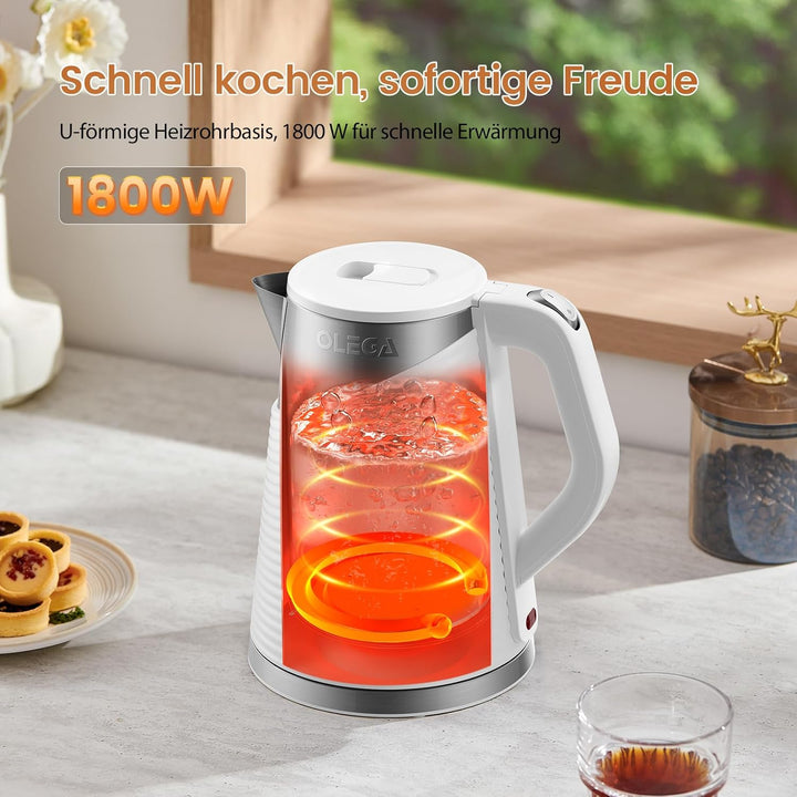 OLEGA Wasserkocher 1800W - schnell kochender Heisswasserkessel, 1,8 l Abschaltautomatik Doppelschich
