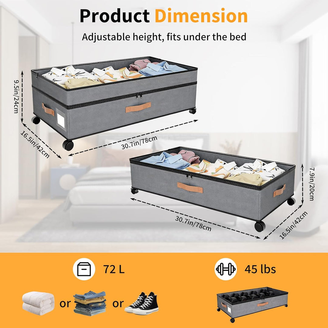 Unterbett-Aufbewahrungsbox mit Rollen,2 Stück 72L(78x42x24cm),Unterbettkommode mit Rollen,360°Drehun