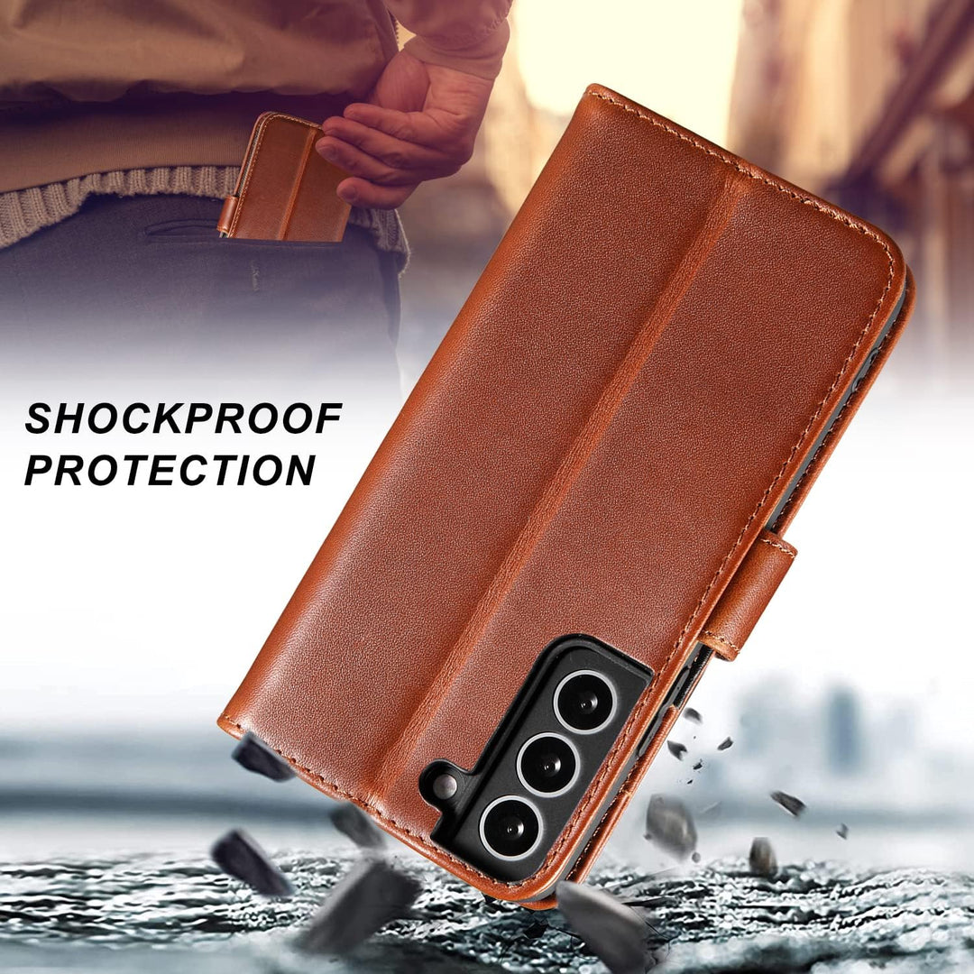 LENSUN Echtleder Hülle für Samsung Galaxy S22, Handyhülle [Echtes Leder] [Kickstand] [RFID Schutz] L