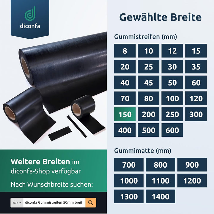 diconfa Gummistreifen SBR 150mm 15cm 0,15m BREIT, 10000mm LANG, 0,5mm STARK | WÄHLEN: DICKE 0,5 bis
