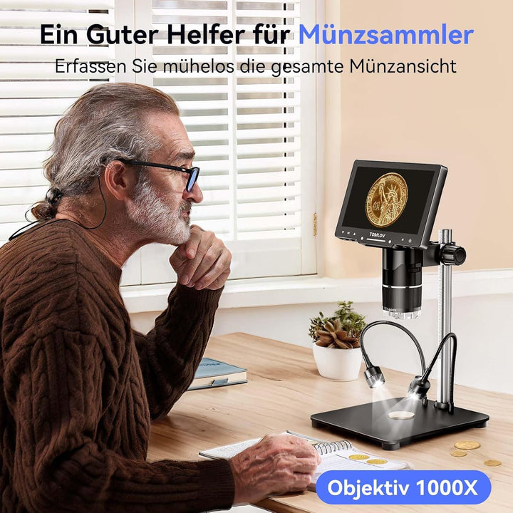 TOMLOV TriL107 3 Objektiv Mikroskop Digital: 7" 2K IPS HDMI 2500X Münzlupe für Ganzmünzansicht mit 1