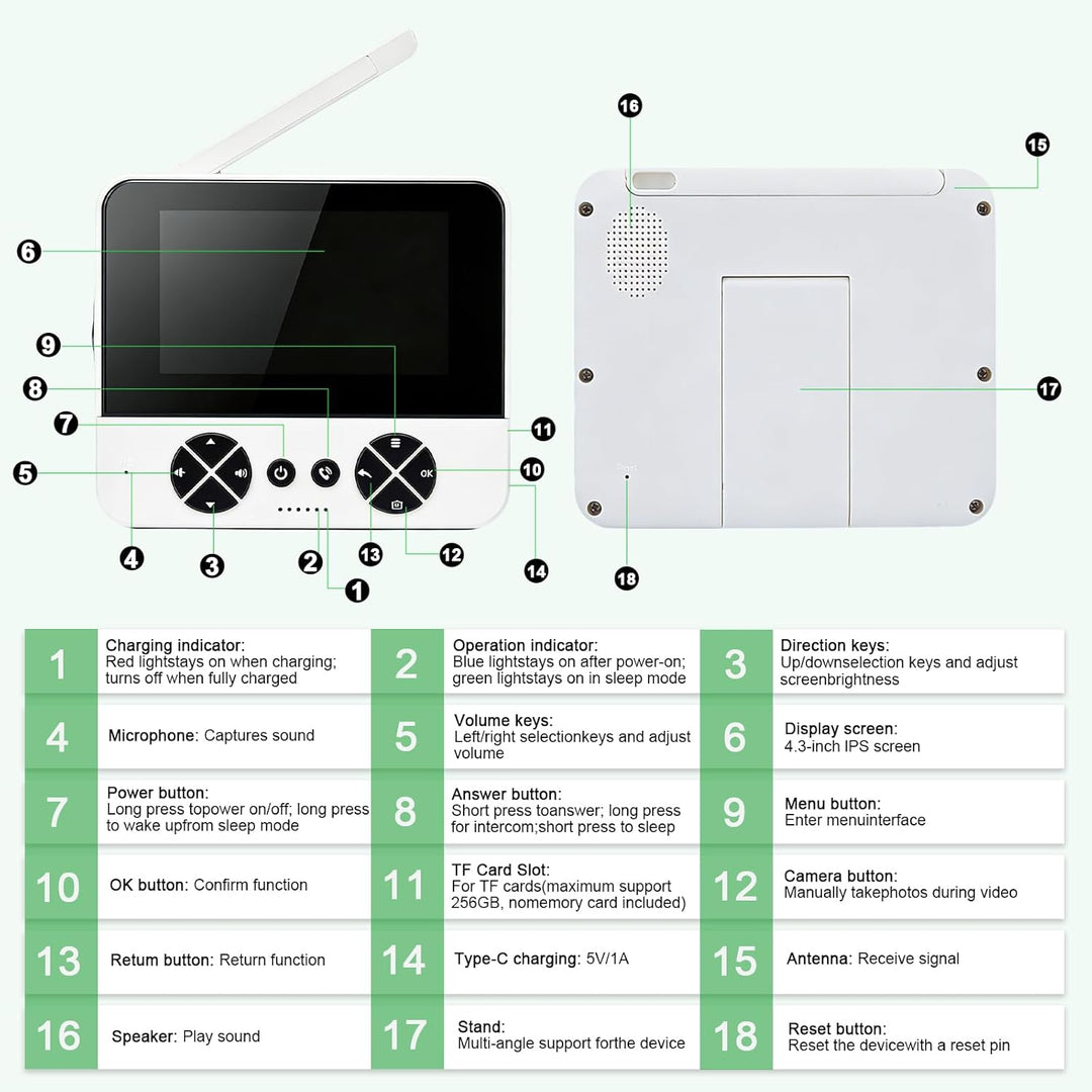 4,3 Zoll Türklingel mit Kamera und Monitor, 80° Weitwinkel,1080P HD, IP65 Wasserdicht, Türsprechanla