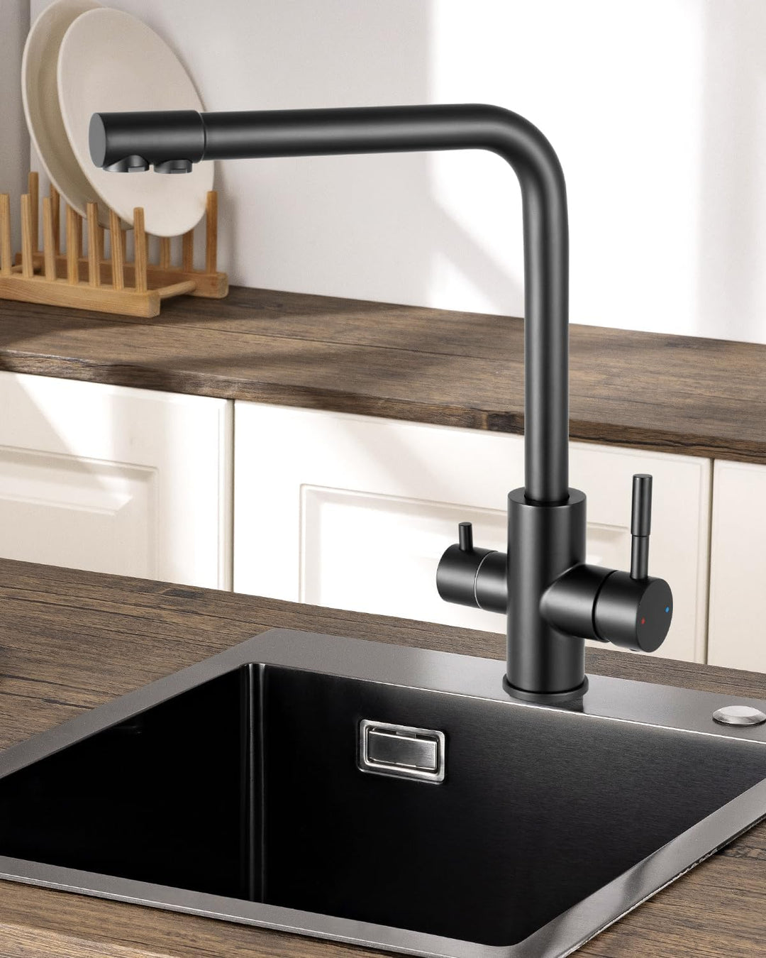 3 Wege Wasserhahn Küche Schwarz, Küchenarmatur Mit 2 Hebel, Mischbatterie Küche Mit Heissem Und Kalt