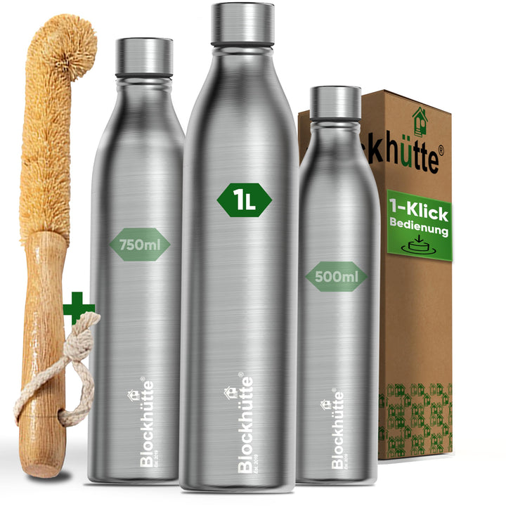 Blockhütte Edelstahl Thermoflasche 1L I Stainless Steel Water Bottle, Thermoskanne Kohlensäure geeig
