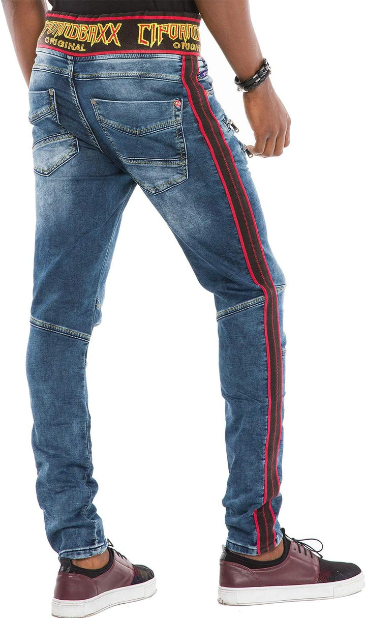 Cipo & Baxx Herren Ausgefallene Jeans Hose Fashion Used Design Pants gestreift mit Gummibund Blau W3